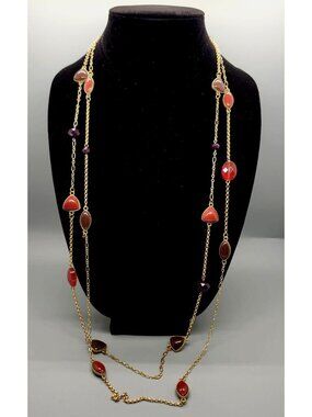 Gold-Tone Chain Necklace With Red & Purple Gemstone Accents Multi-Strand Design